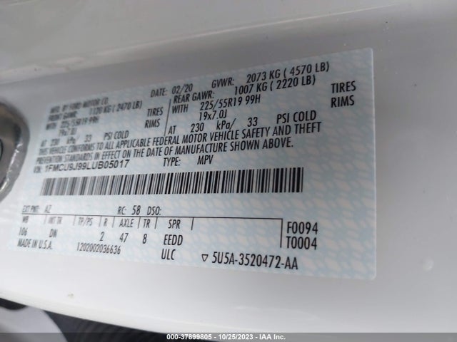 2020 FORD ESCAPE TITANIUM VIN: 1FMCU9J99LUB05017