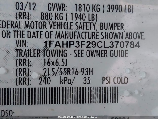 2012 FORD FOCUS SE VIN: 1FAHP3F29CL370784