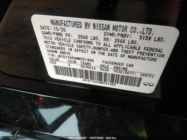 2021 Infiniti Q50 3.0t Pure მანქანა იყიდება აუქციონზე, vin: JN1EV7AR4MM751956, აუქციონის ნომერი: 37900267