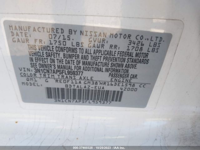 3N1CN7AP5FL959377 Nissan Versa S Plus