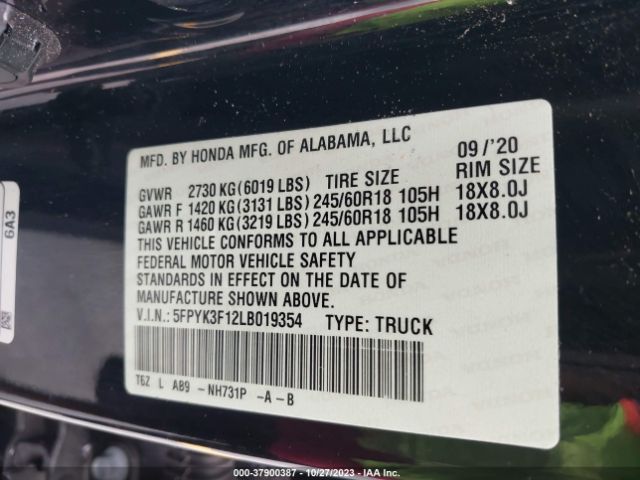 5FPYK3F12LB019354 Honda Ridgeline Awd Sport