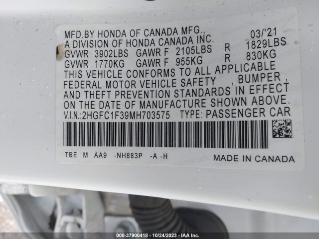 2021 HONDA CIVIC EX VIN: 2HGFC1F39MH703575