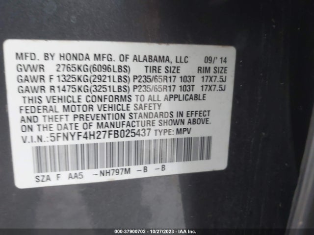 Honda PILOT LX 2015 5FNYF4H27FB025437 Image 9