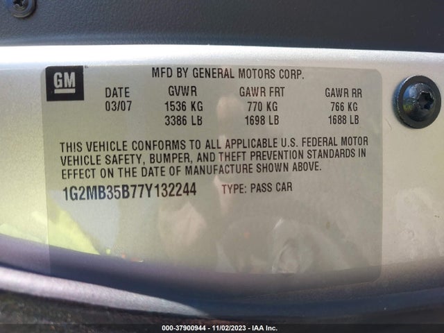 2007 PONTIAC SOLSTICE VIN: 1G2MB35B77Y132244