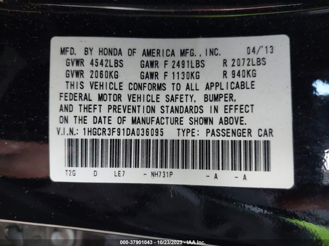 2013 HONDA ACCORD SDN TOURING VIN: 1HGCR3F91DA036095