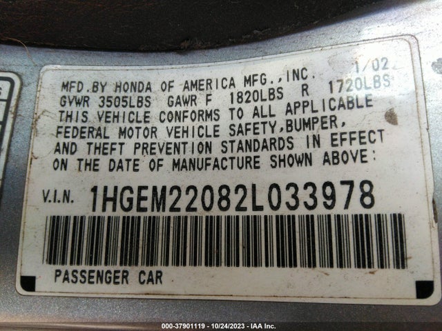 2002 HONDA CIVIC EX VIN: 1HGEM22082L033978