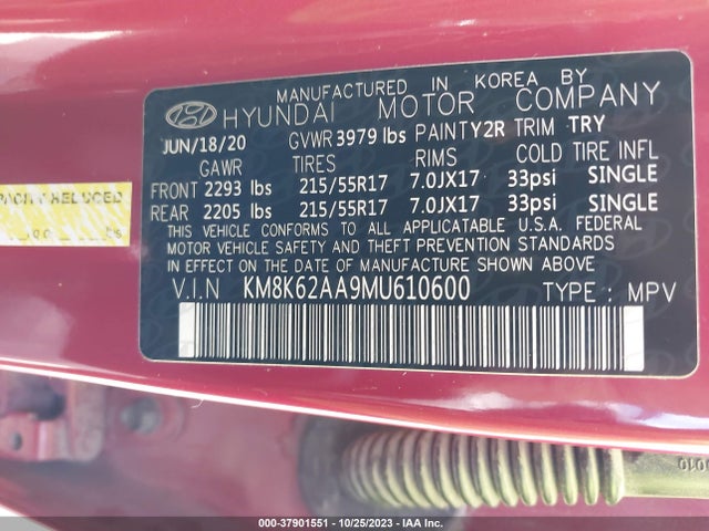 2021 HYUNDAI KONA SEL PLUS VIN: KM8K62AA9MU610600