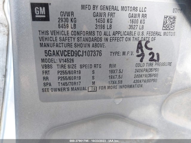 2012 BUICK ENCLAVE LEATHER VIN: 5GAKVCED9CJ107376