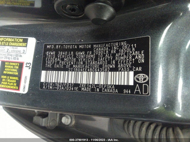 2011 TOYOTA COROLLA L/LE/S VIN: 2T1BU4EE4BC643582