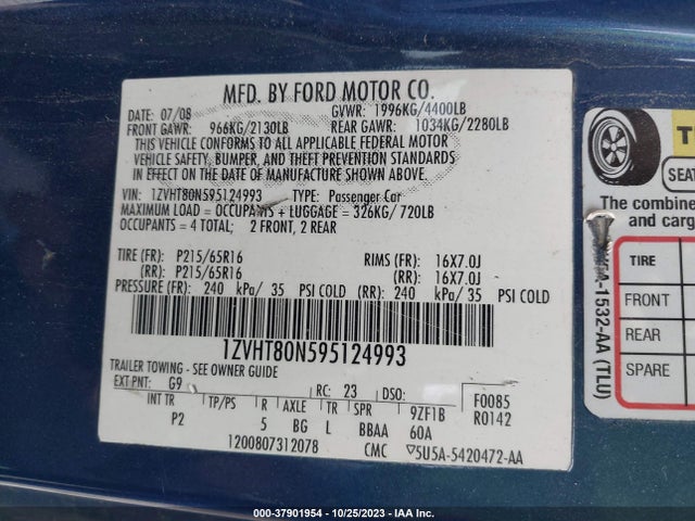 2009 FORD MUSTANG VIN: 1ZVHT80N595124993