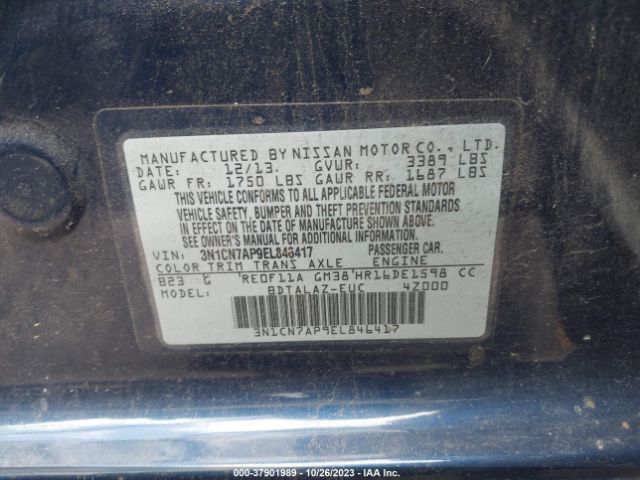 3N1CN7AP9EL846417 Nissan Versa S Plus