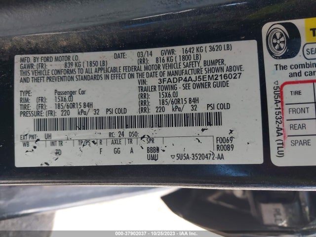 2014 FORD FIESTA S VIN: 3FADP4AJ5EM216027