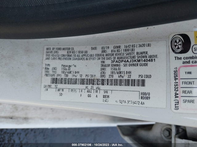 2019 FORD FIESTA S VIN: 3FADP4AJ3KM140481
