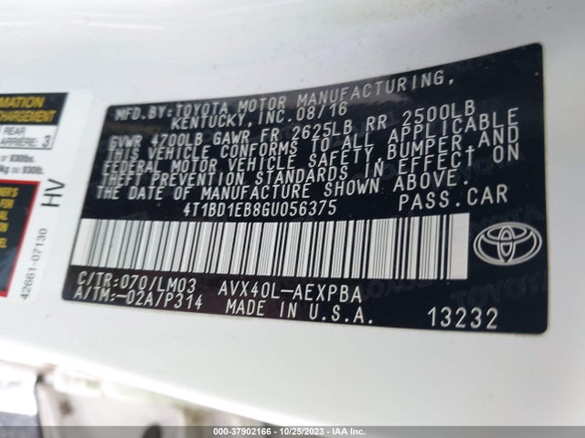 2016 TOYOTA AVALON HYBRID LIMITED VIN: 4T1BD1EB8GU056375