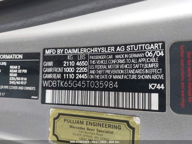 2005 MERCEDES-BENZ CLK 320 VIN: WDBTK65G45T035984