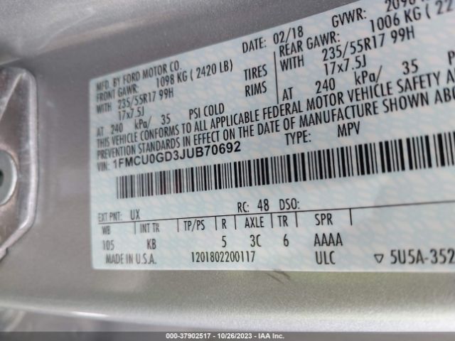 1FMCU0GD3JUB70692 Ford ESCAPE SE