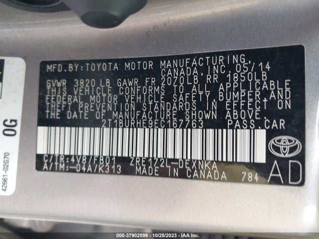 2014 TOYOTA COROLLA L/LE/S/S PLUS/LE PLUS VIN: 2T1BURHE9EC167763