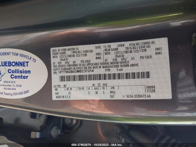 2021 FORD F-250 XLT VIN: 1FT7W2B63MEC37214