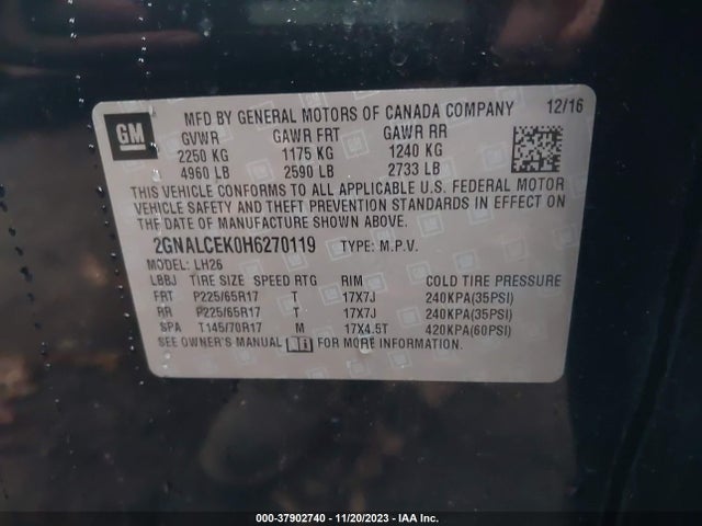 Chevrolet EQUINOX LT 2017 2GNALCEK0H6270119 Image 9