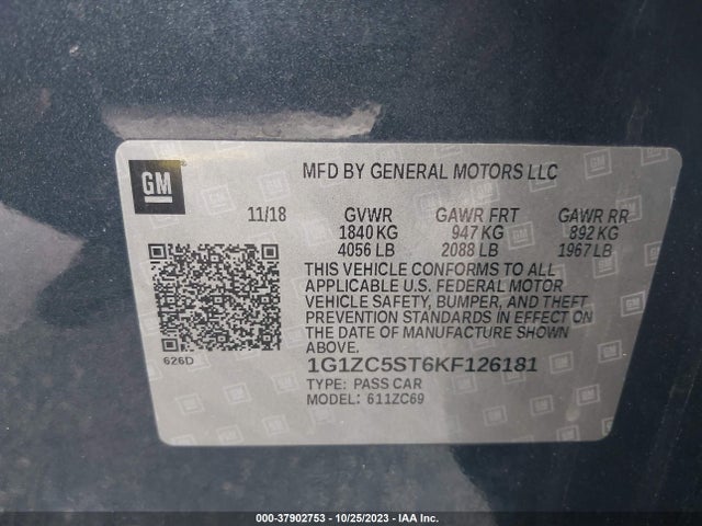 2019 CHEVROLET MALIBU 1FL VIN: 1G1ZC5ST6KF126181