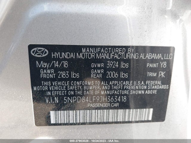 2018 HYUNDAI ELANTRA SEL VIN: 5NPD84LF9JH363418