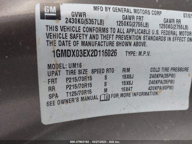 2002 PONTIAC MONTANA W/1SA PKG VIN: 1GMDX03EX2D116026