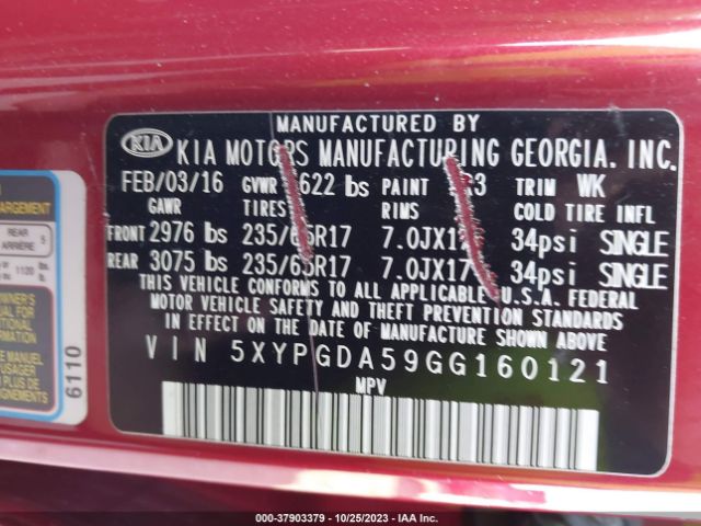 5XYPGDA59GG160121 KIA SORENTO LX