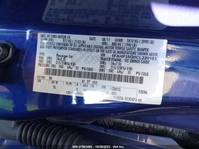 2012 FORD FOCUS SEL VIN: 1FAHP3M20CL220193