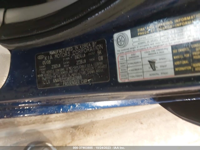 2008 KIA SPECTRA EX VIN: KNAFE121385561988