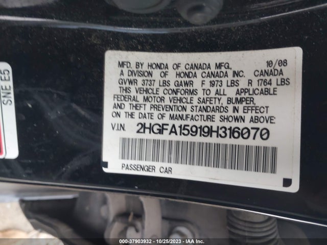 2009 HONDA CIVIC SDN EX-L VIN: 2HGFA15919H316070