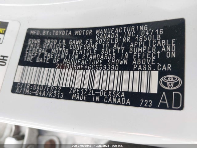 2016 TOYOTA COROLLA L/LE/S/S PLUS/LE PLUS VIN: 2T1BURHE4GC669390