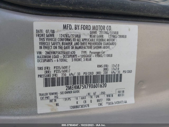 2009 MERCURY GRAND MARQUIS LS (FLEET ONLY) VIN: 2MEHM75V79X601620