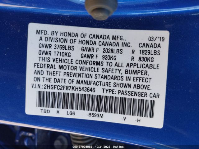 2HGFC2F87KH543646 Honda Civic Sedan Sport