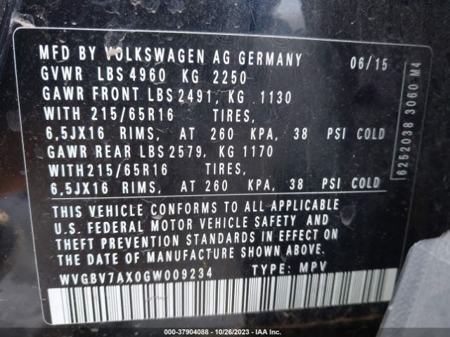 WVGBV7AX0GW009234 Volkswagen TIGUAN S