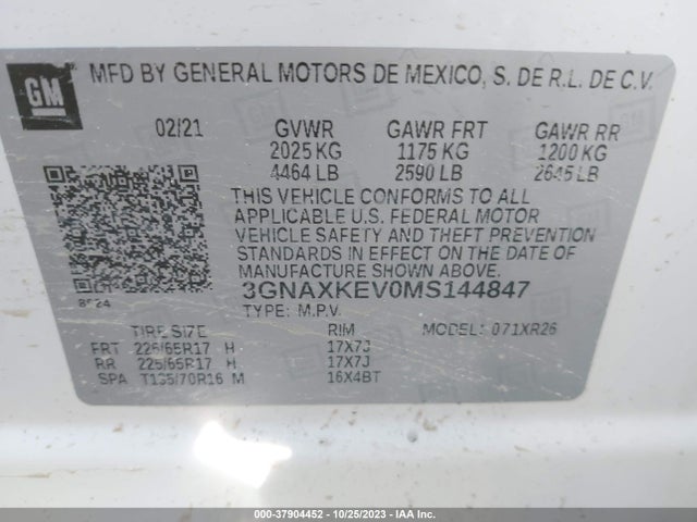 2021 CHEVROLET EQUINOX LT VIN: 3GNAXKEV0MS144847