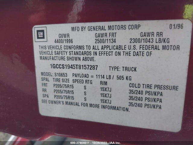 1996 CHEVROLET S TRUCK S10 VIN: 1GCCS1945T8157287