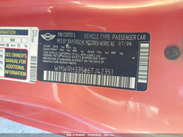 2006 MINI COOPER S WMWRH33566TJ42351 Photo 8