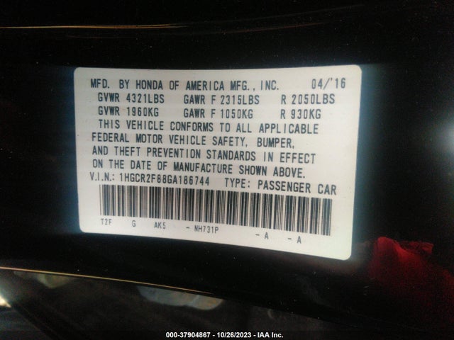 2016 Honda Accord Sedan Ex-l მანქანა იყიდება აუქციონზე, vin: 1HGCR2F88GA186744, აუქციონის ნომერი: 37904867