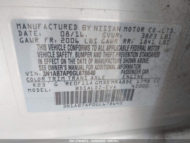 2016 NISSAN SENTRA SV VIN: 3N1AB7AP0GL678640