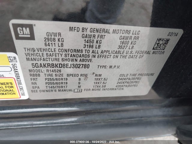 2014 BUICK ENCLAVE LEATHER VIN: 5GAKRBKD8EJ302780