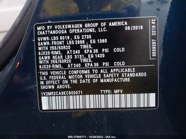 1V2MR2CA9KC600071 Volkswagen Atlas 3.6l V6 Sel