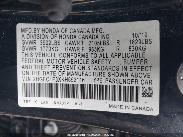 Honda Civic Sedan Ex 2019 2HGFC1F3XKH652116 Image 9