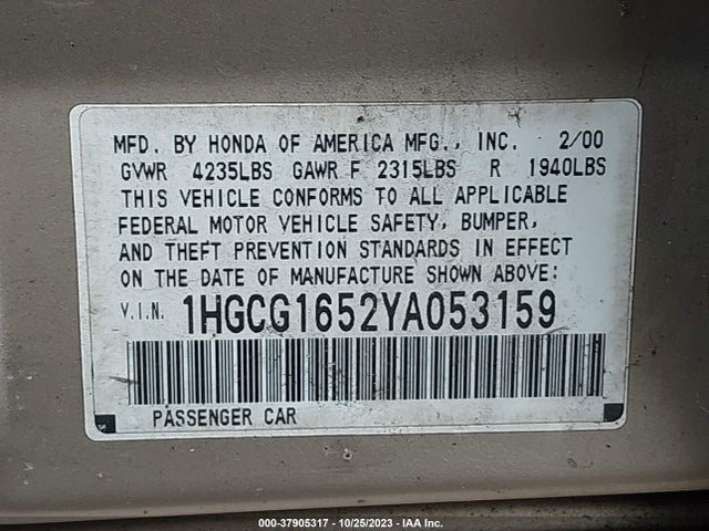 2000 HONDA ACCORD SDN EX W/LEATHER VIN: 1HGCG1652YA053159