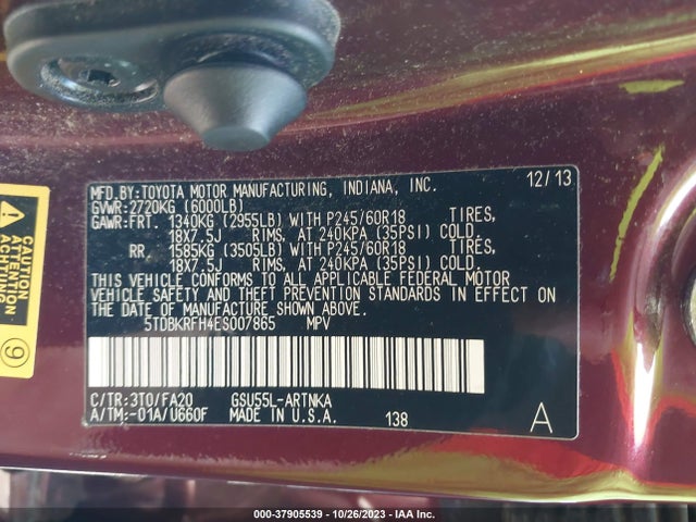 Toyota Highlander Le 2014 5TDBKRFH4ES007865 Image 9