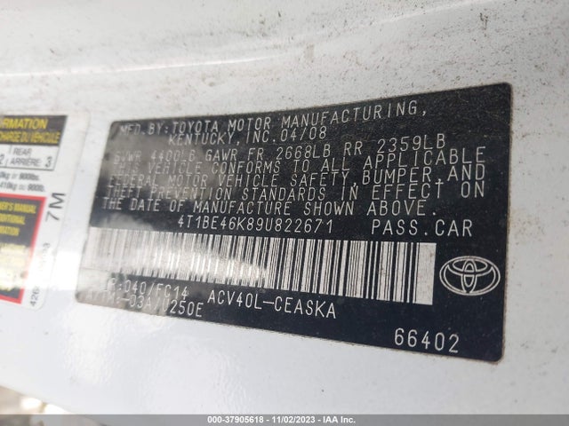 2009 TOYOTA CAMRY VIN: 4T1BE46K89U822671