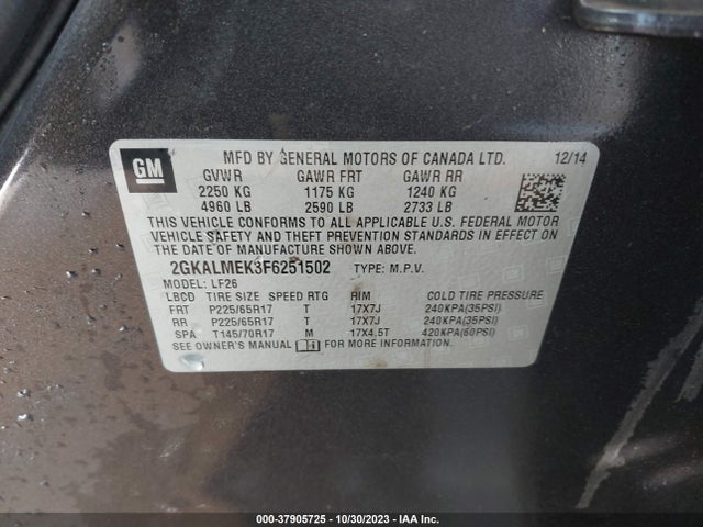 GMC Terrain Sle-1 2015 2GKALMEK3F6251502 Image 9