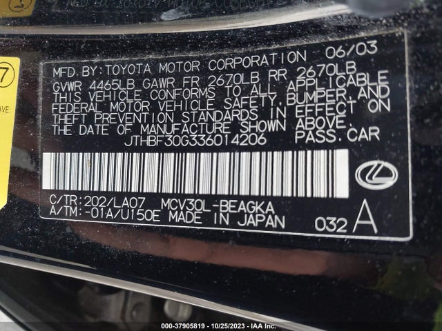 2003 LEXUS ES 300 VIN: JTHBF30G336014206