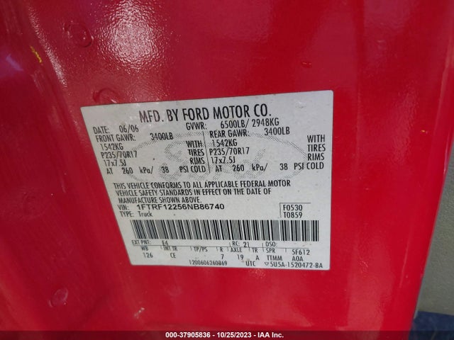 2006 FORD F-150 XLT/STX/XL VIN: 1FTRF12256NB86740