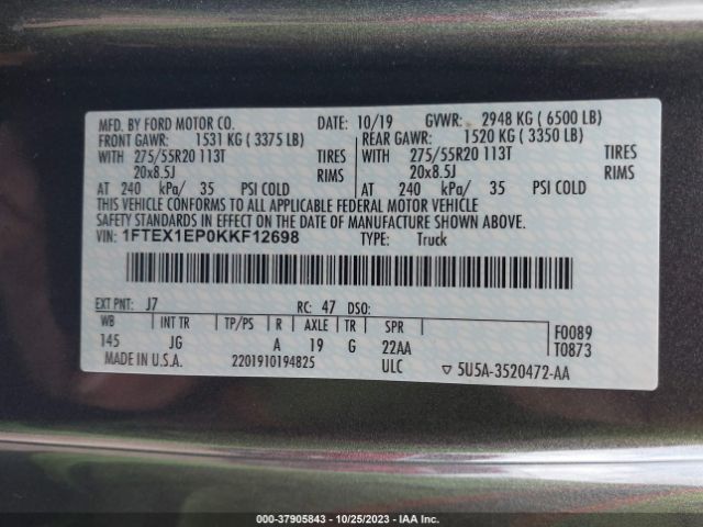 1FTEX1EP0KKF12698 Ford F-150 Xl/xlt/lariat