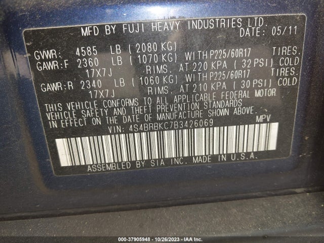 2011 SUBARU OUTBACK 2.5I LIMITED PWR MOON VIN: 4S4BRBKC7B3426069